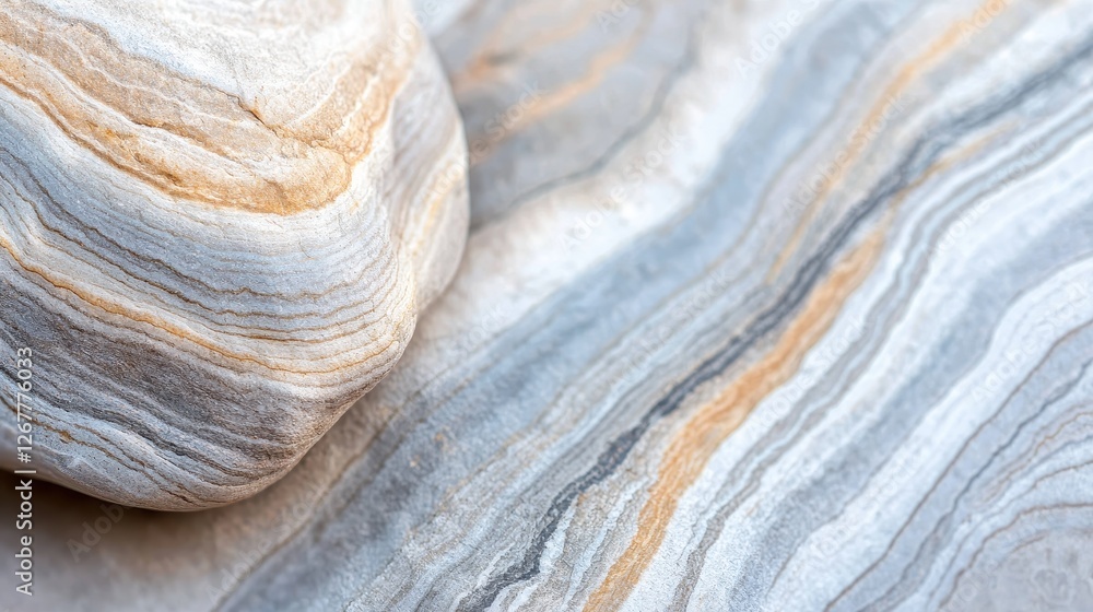 Poster smooth pebble with visible mineral texture on a gray stone surface highlighting natural patterns and