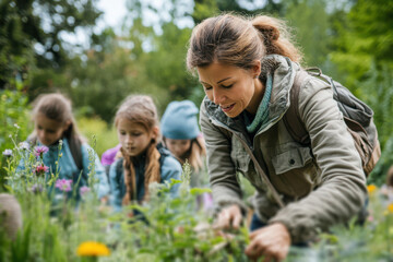 A teacher leading a nature based learning activity in an outdoor classroom