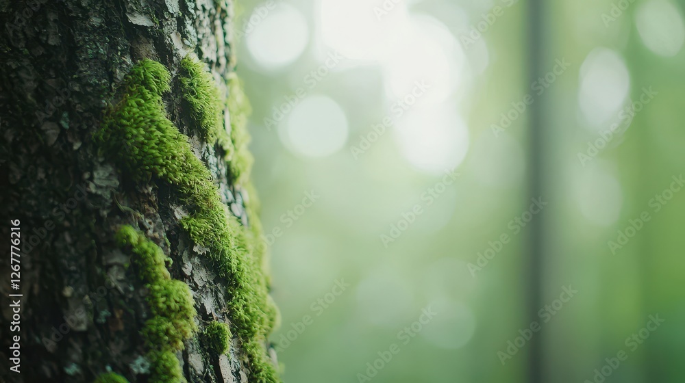 Poster vivid textures of moss growing on bark in a serene forest setting with soft background bokeh effect