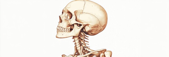Detailed anatomical illustration of human skull and spine displayed against a plain background. Generative AI