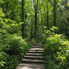 Fototapeta premium Pathway through lush green forest, sunlight dappling through trees creating serene feeling, inviting exploration and tranquility