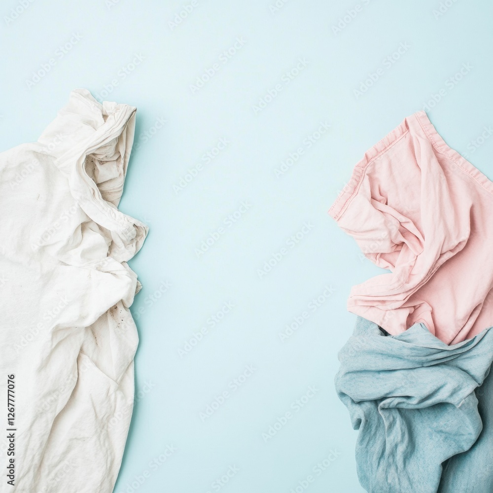Aufkleber Comparison of dirty and freshly laundered clothing on a light blue background with space to add text for informative purposes. Generative AI
