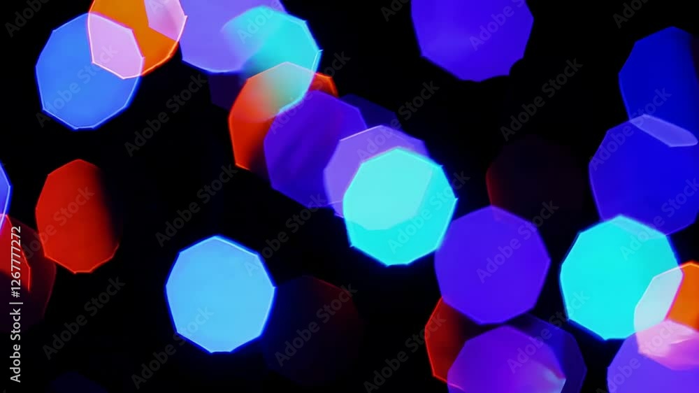 Poster Colorful octagon shaped bokeh lights gently shimmering and moving against deep black background, creating soft visual texture with vibrant illumination and dreamy atmosphere