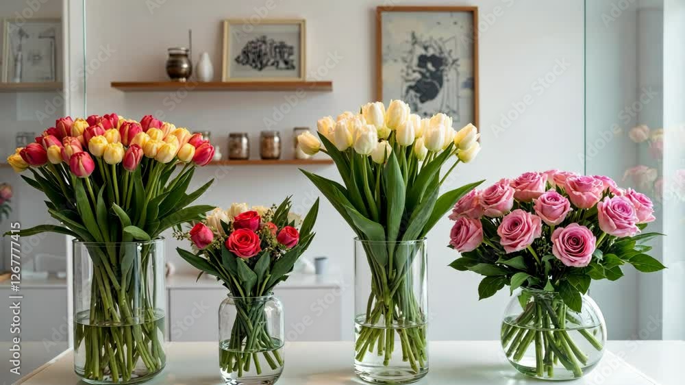 Poster four vases of flowers are displayed on a white table. the vases are filled with different types of f