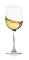 Tasty wine splashing in glass on white background