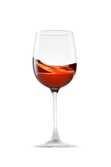 Rose wine splashing in glass on white background
