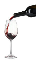 Pouring wine into glass on white background