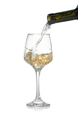 Pouring wine into glass on white background