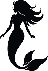 Mermaid Black Silhouette - Minimalistic Vector Illustration of a Mystical Mermaid in Elegant Monochrome Design, Perfect for Logos, Prints, T-Shirts, Stickers, Posters, and Fantasy Art Projects