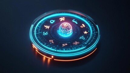 Glowing neon holographic zodiac ring surrounding an AI-generated oracle