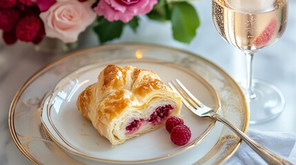 A raspberry almond Danish served on fine china with a gold-rimmed plate, accompanied by a glass of sparkling rosé and a silver fork