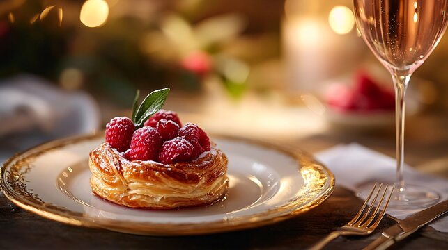 A raspberry almond Danish served on fine china with a gold-rimmed plate, accompanied by a glass of sparkling rosé and a silver fork - Powered by Adobe