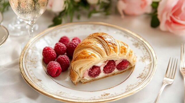 A raspberry almond Danish served on fine china with a gold-rimmed plate, accompanied by a glass of sparkling rosé and a silver fork - Powered by Adobe