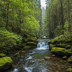 Obraz premium peaceful river flows through vibrant green forest, creating refreshing and calming atmosphere, forest is dense