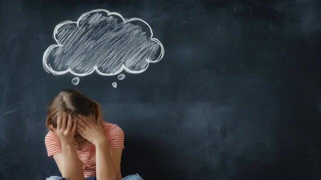 Slow motion video showing a sad child covering her face with her hands while sitting in front of a blackboard with a thought bubble drawn above her head