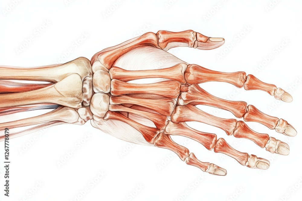 Aufkleber Detailed anatomical illustration of a human hand with muscles and bones on a white background showing structure and function. Generative AI