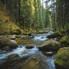 Naklejka premium Forest stream flows serenely through rocky terrain, sunlight dappling mossy stones, evoking sense of peaceful nature