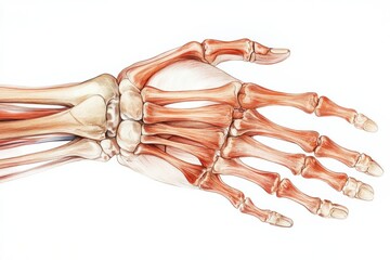 Detailed anatomical illustration of a human hand with muscles and bones on a white background showing structure and function. Generative AI