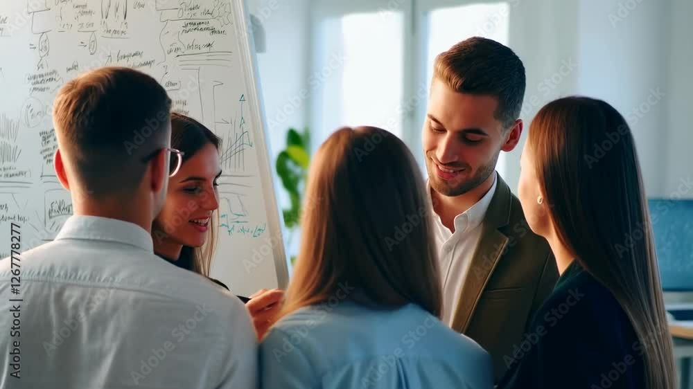 Poster professional business team analyzing data on whiteboard, developing innovative strategic solutions f
