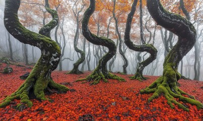 Naklejka premium Twisted trees with vibrant autumn leaves in a misty forest, evoking a magical atmosphere