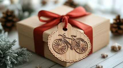 Laser-cut bicycle tag with red ribbon on a gift box wrapped in light brown paper