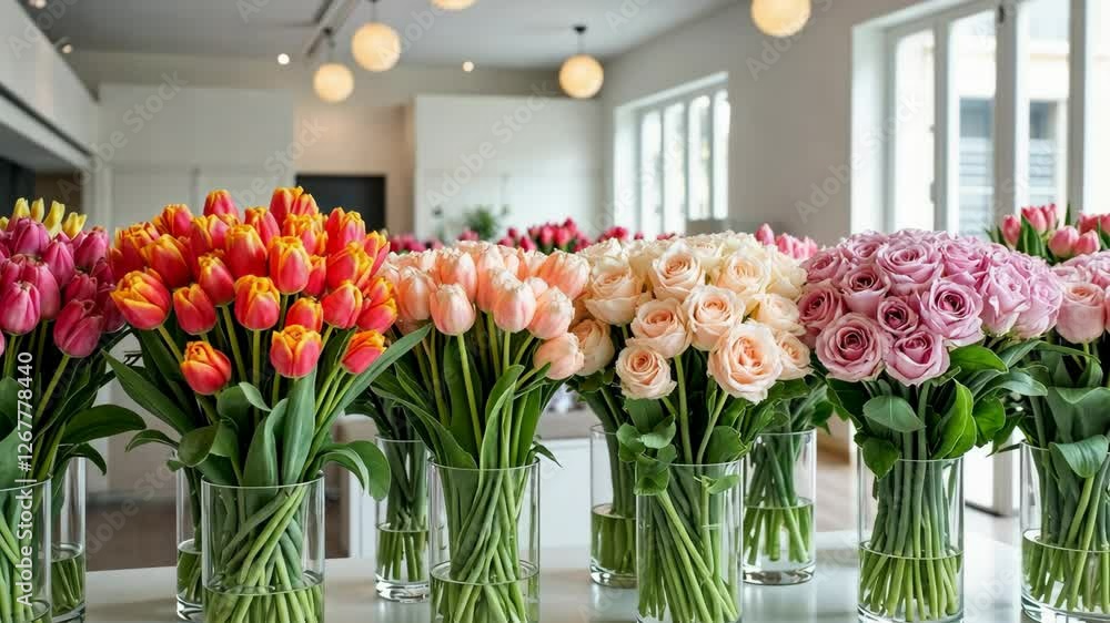 Poster row of vases filled with flowers of different colors and sizes. the vases are arranged in a neat and