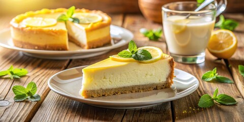 A slice of lemon cheesecake on a white plate with a whole cheesecake in the background, garnished with mint leaves and a lemon slice.