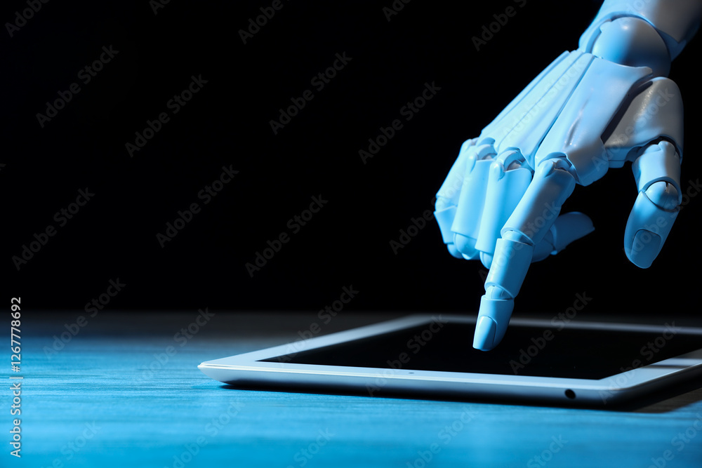 Poster artificial intelligence. robot hand using tablet at wooden table, closeup. space for text