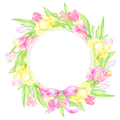 Fototapeta premium Hand drawn watercolor colorful tulips green leaves with pink bow wreath. Illustration of flowers isolated on white background. Can be used for postcard, invitation, album and other printed products.