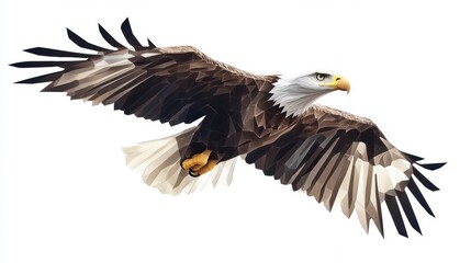 Fototapeta premium Polygonal Art of Majestic Eagle in Flight - Low Poly Wildlife Illustration with Soaring Wingspan on a White Background