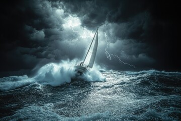Sailboat Battling Storm: A lone sailboat braves the wrath of a stormy sea, illuminated by flashes of lightning, showcasing resilience and determination in the face of adversity.
