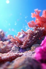 Pearl sits in coral reef under the sea in shallow waters. Can be used in advertising