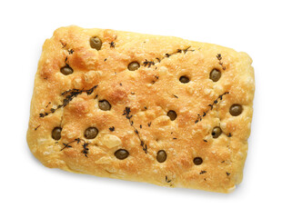 Delicious focaccia bread with olives and thyme isolated on white, top view