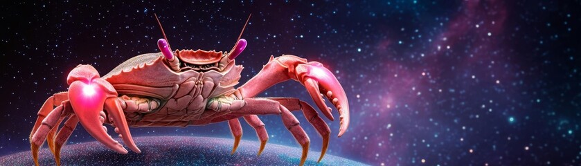 Holographic Cancer crab with glowing cosmic claws, standing on a celestial surface
