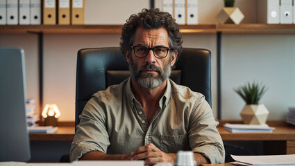 Fototapeta premium Confident mature businessman sitting at his office desk, looking directly at the camera with a serious expression.