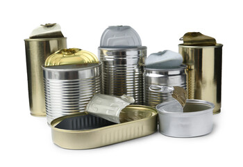 Many open tin cans isolated on white