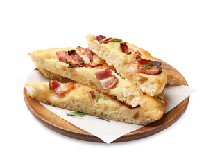 Slices of delicious focaccia bread with bacon and rosemary isolated on white