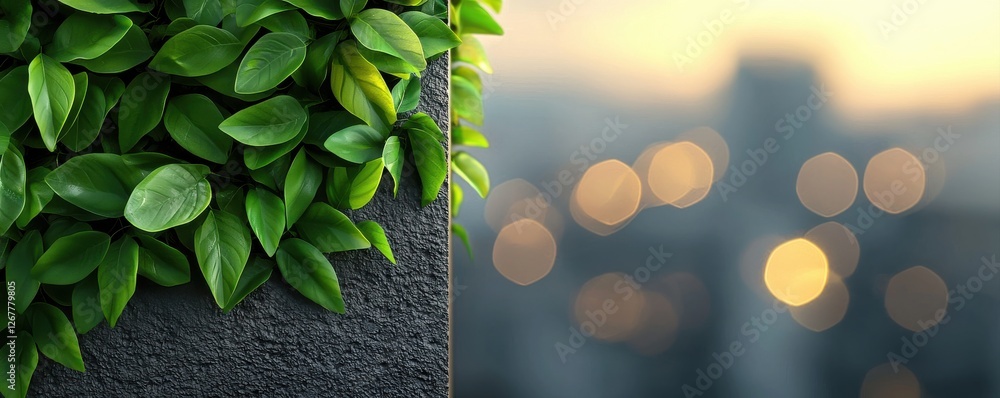 Poster a close-up of lush green leaves on a textured surface, with a blurred cityscape and soft bokeh light