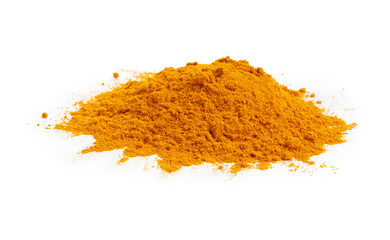 Heap of turmeric powder isolated on white
