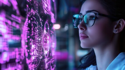 Innovative AI and Cybersecurity: Woman Scientist in Neon-Purple Digital Lab Analyzing Data