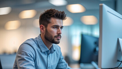 Obraz premium A young professional is deeply focused while working on his computer in a modern office environment.