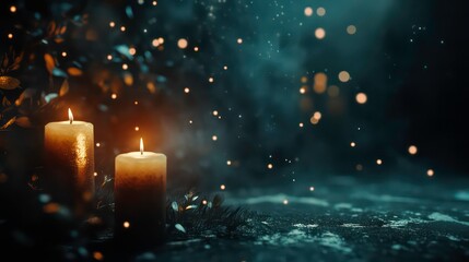 Two candles in dark, mystical forest background.  Possible use Desktop wallpaper, or spiritual/nature themed advertisement