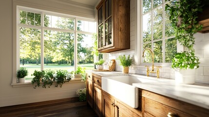 Fototapeta premium Bright and Cozy Kitchen Interior with Large Windows and Greenery