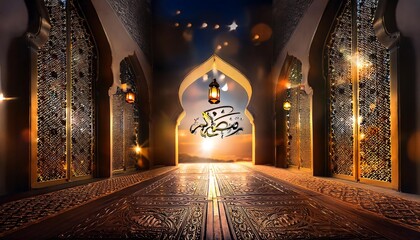 Fototapeta premium Elegant Ramadan Kareem Islamic Backgrounds with Lanterns, Crescent Moons, Mosques, and Ornate Gold Patterns - Perfect for Holy Month Festivities, Spiritual Designs, and Stock Photography