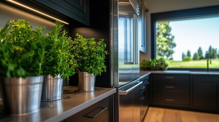 Fresh Herbs in Modern Kitchen with Bright Window View