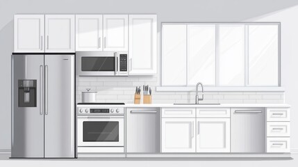 Fototapeta premium Modern white kitchen interior, sunlight, appliances, clean design, for design inspiration