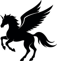 Fototapeta premium Pegasus Flying Black Silhouette – Minimalist Vector Illustration of a Majestic Winged Horse, Perfect for Logos, Prints, T-Shirts, Stickers, Tattoos, Wall Art, Mythological Designs, and Fantasy Graphic
