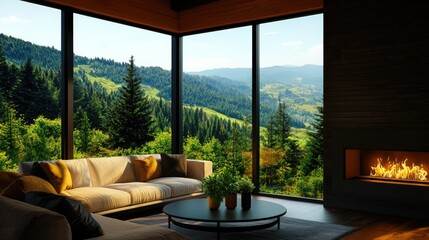 Fototapeta premium Cozy Living Room with Scenic Mountain View and Natural Light