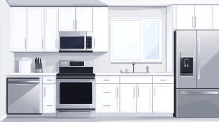 Fototapeta premium Modern white kitchen interior design, clean minimalist style, illustration