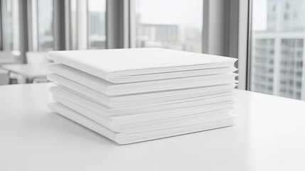 Stack of blank papers on office desk, city view